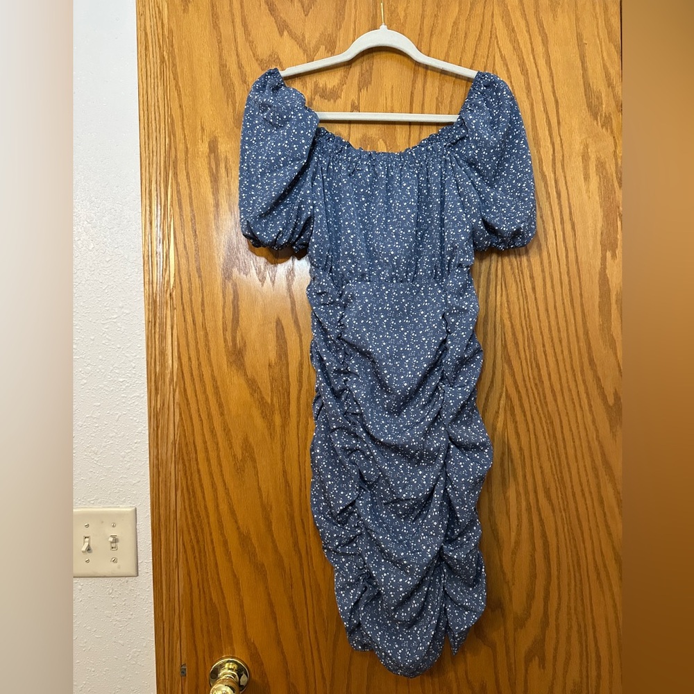 Sunday Up Blue Floral Ruched Puff Sleeve Women's Dress - NWOT - Size L - Picture 3 of 12